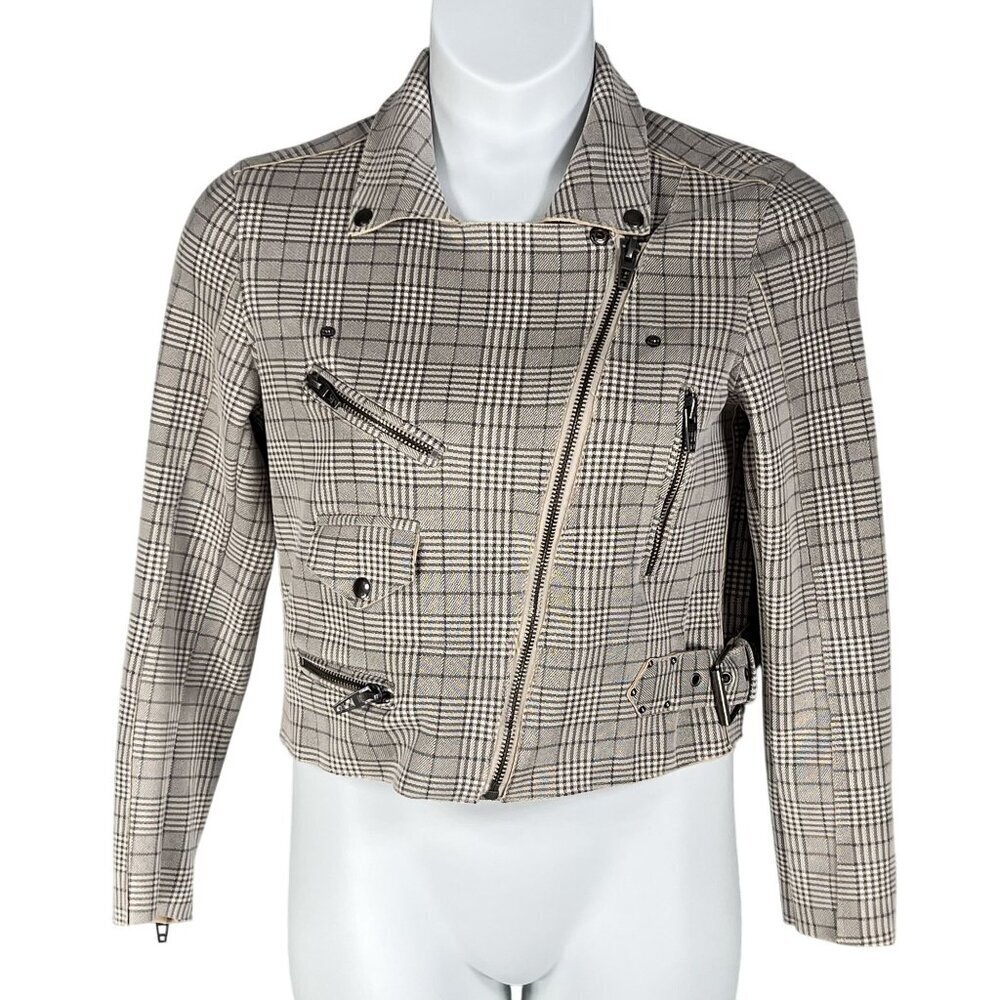 BlankNYC S Windowpane Plaid Moto Jacket Asymmetrical Zip Pockets Faux Suede Chic - Picture 4 of 16